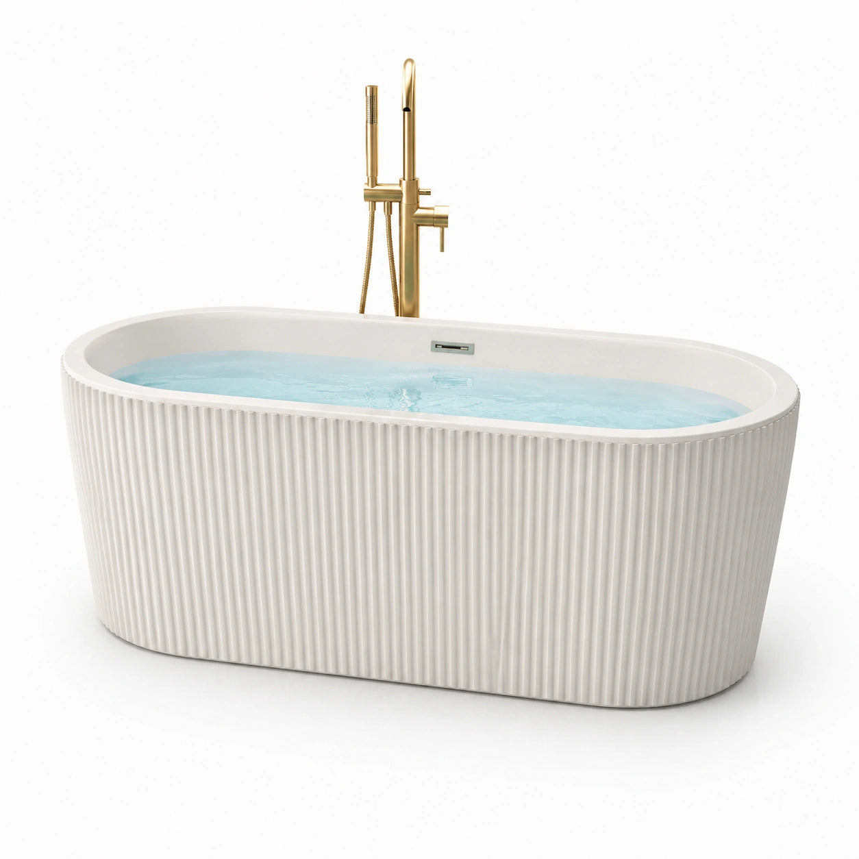 Baignoire îlot ovale en acrylique blanc cannelé, 170 x 80 x 58 cm, style contemporain