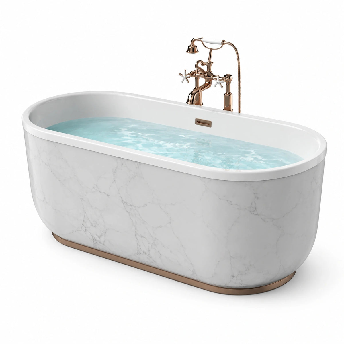 Baignoire îlot ovale en acrylique blanc effet marbre gris avec socle rose doré, 170 x 75 x 58 cm