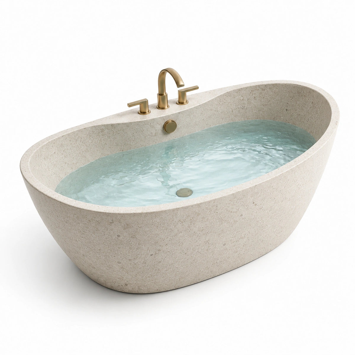 Baignoire îlot ovale en composite minéral beige effet pierre avec robinetterie dorée, 170 x 80 x 58 cm