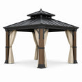 Tonnelle de jardin carrée 300 x 300 x 300 cm avec toit rigide ventilé noir, poteaux bruns et rideaux beiges