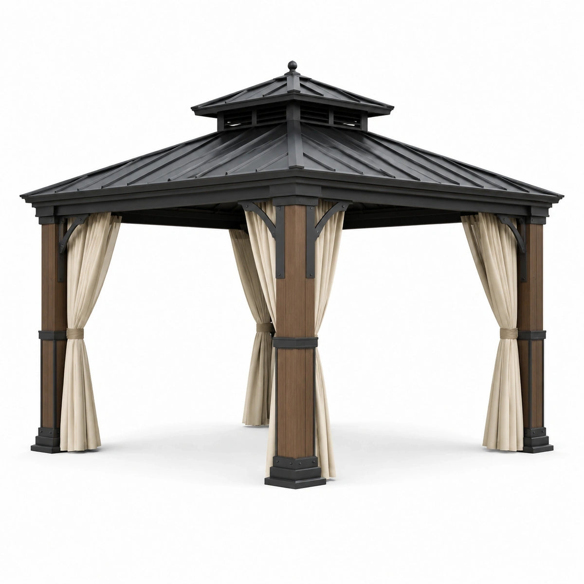 Tonnelle de jardin carrée 300 x 300 x 300 cm avec toit rigide ventilé noir, poteaux bruns et rideaux beiges