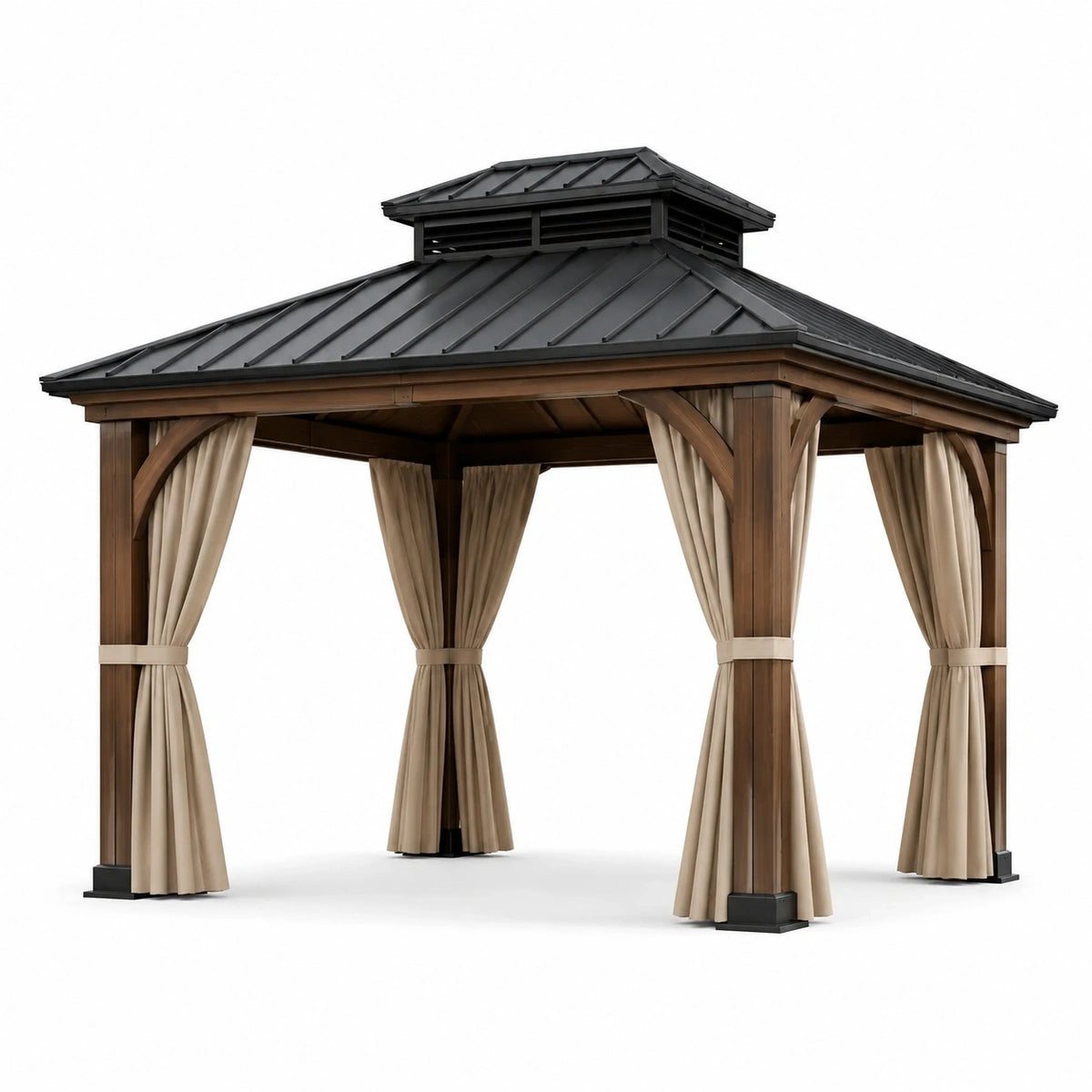 Tonnelle de jardin en bois brun avec toit métallique noir et rideaux beiges, 360 x 300 x 300 cm