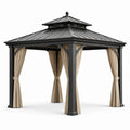 Pavillon de jardin en métal anthracite avec rideaux beige et toit rigide à double niveau, 300 x 300 x 290 cm