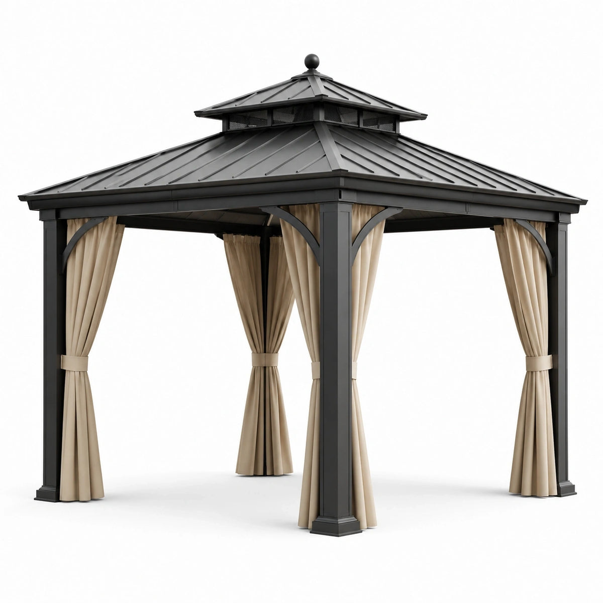Pavillon de jardin en métal anthracite avec rideaux beige et toit rigide à double niveau, 300 x 300 x 290 cm