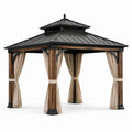 Pergola de jardin en bois brun et métal noir avec rideaux beiges, 300 x 300 x 300 cm