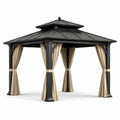 Pavillon de jardin 300 x 300 x 285 cm en métal noir avec toit rigide à double niveau et rideaux beiges