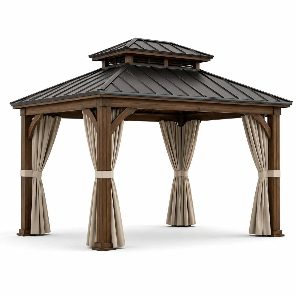 Pavillon de jardin en bois brun avec toit en acier noir et rideaux beiges, 300 x 300 x 290 cm