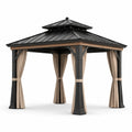 Tonnelle de jardin à toit rigide et rideaux, 360 x 360 x 310 cm, anthracite, beige et marron
