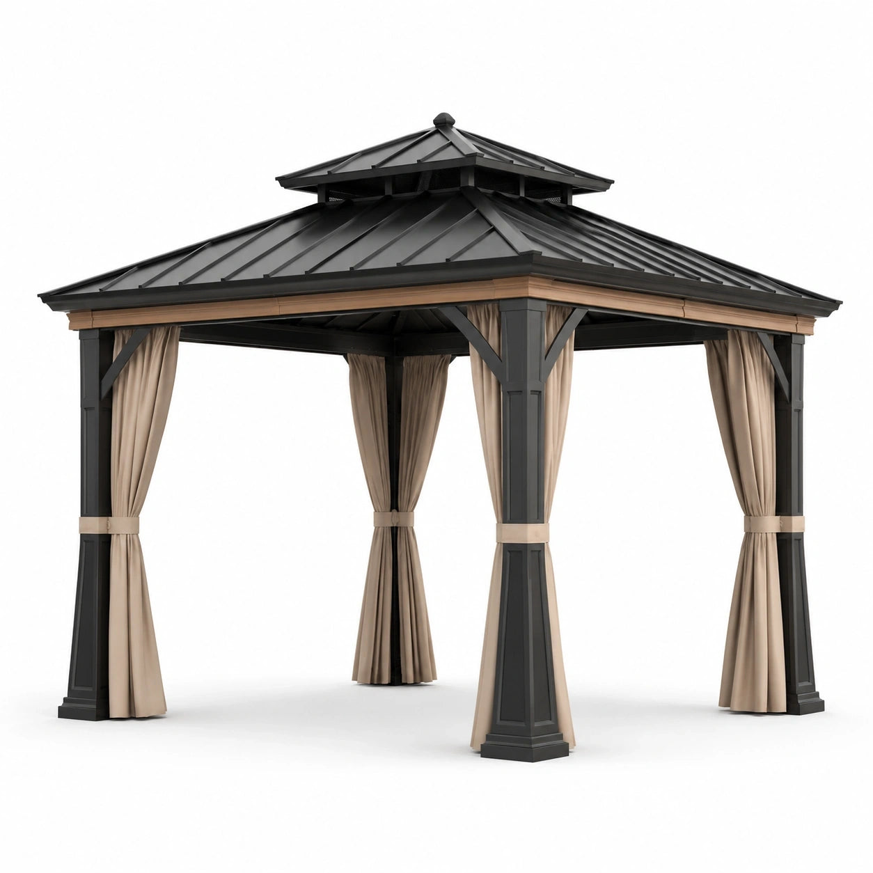 Tonnelle de jardin à toit rigide et rideaux, 360 x 360 x 310 cm, anthracite, beige et marron