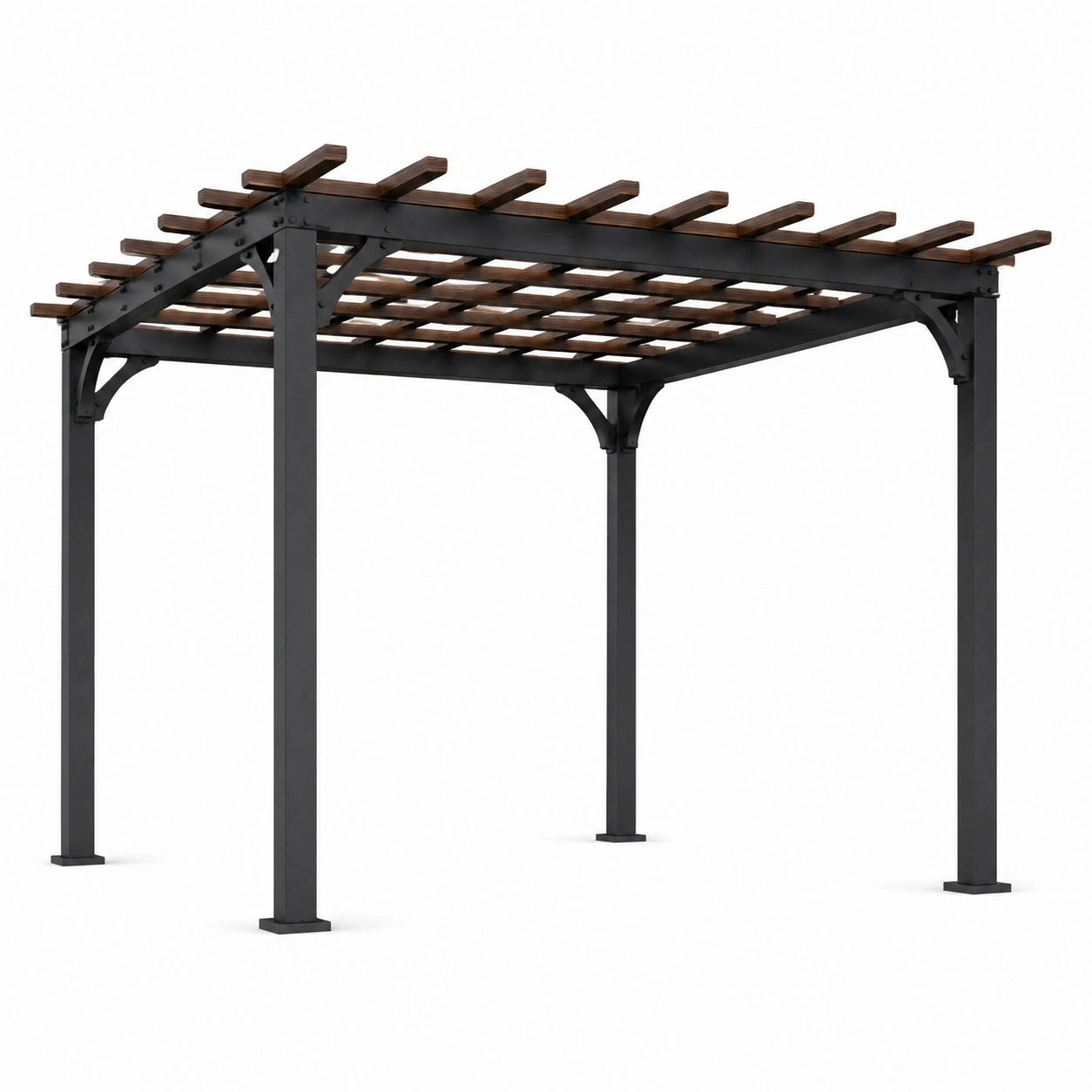 Pergola de jardin noire et brune en métal et bois avec toit ajouré, 400 x 300 x 250 cm