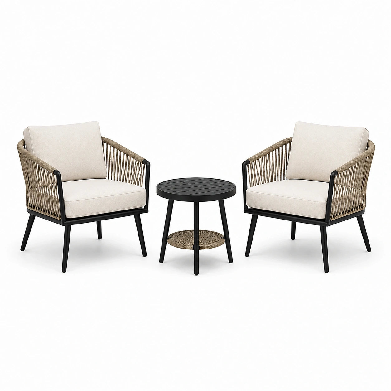 Ensemble 3 pièces avec 2 fauteuils 70 x 72 x 78 cm et table ronde Ø 50 x H 50 cm, beige, écru et noir