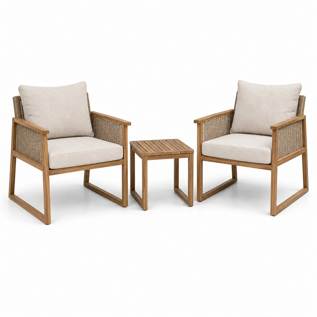 Ensemble 3 pièces en bois naturel et corde beige avec 2 fauteuils de 68 x 75 x 82 cm et table de 45 x 45 x 45 cm