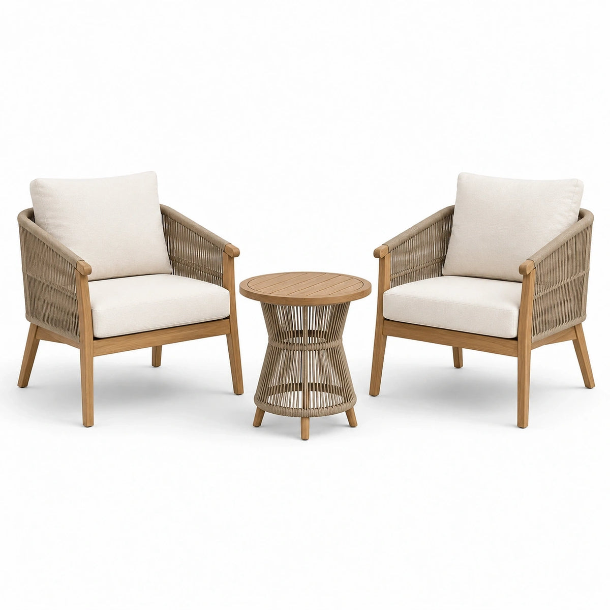Salon de jardin 3 pièces en bois naturel et corde beige avec coussins écrus – 2 fauteuils 74 x 76 x 82 cm et table ronde Ø 55 x 52 cm