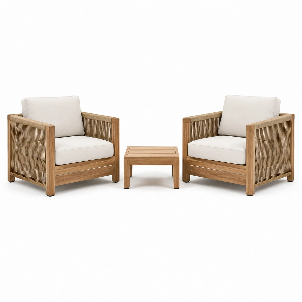 Ensemble de jardin 3 pièces marron naturel, beige et écru avec 2 fauteuils 76 x 78 x 78 cm et table 50 x 50 x 42 cm