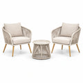 Salon de jardin 3 pièces beige en corde tressée, 2 fauteuils de 78 x 75 x 82 cm et table ronde de 58 x 45 cm