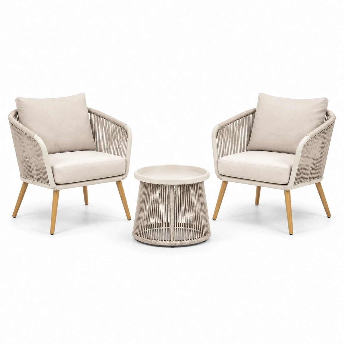 Salon de jardin 3 pièces beige en corde tressée, 2 fauteuils de 78 x 75 x 82 cm et table ronde de 58 x 45 cm