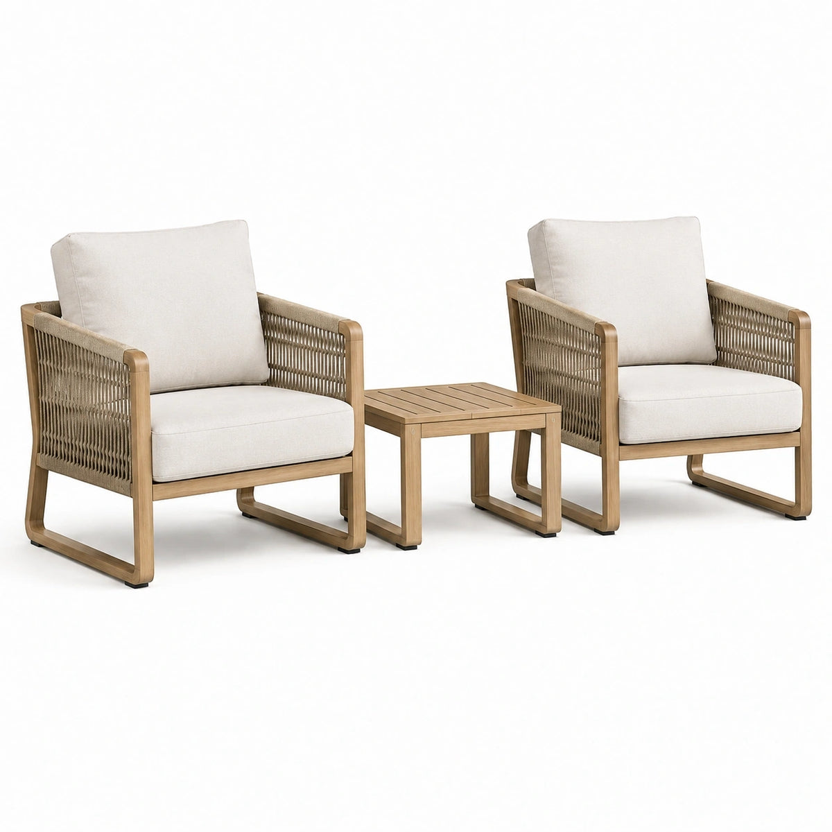 Ensemble de jardin 3 pièces beige et bois naturel, 2 fauteuils de 72 x 78 x 83 cm et table de 52 x 52 x 45 cm