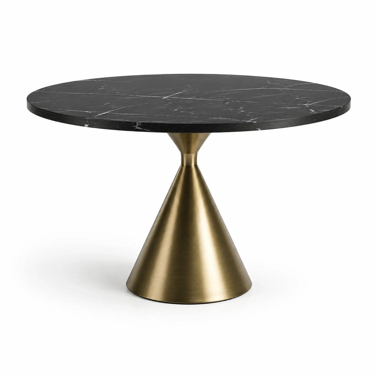 Table à manger ronde en marbre noir et métal doré, Ø 120 x H 75 cm, pied central contemporain
