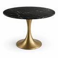 Table à manger ronde Ø 110 x H 75 cm, plateau noir effet marbre et pied central doré