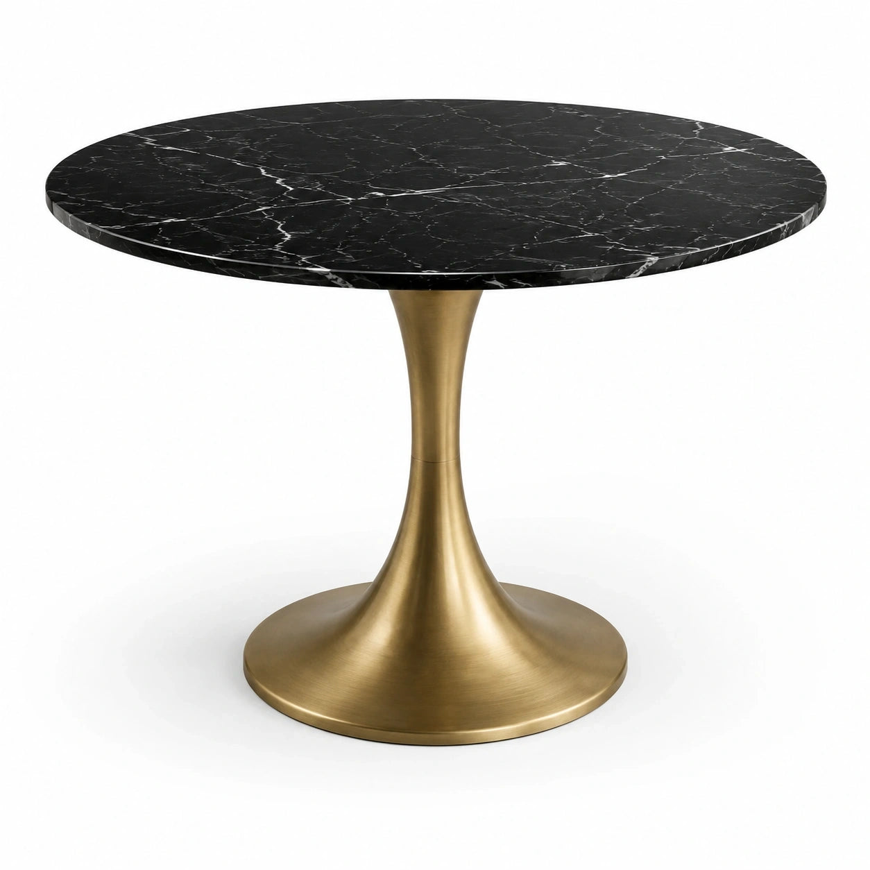 Table à manger ronde Ø 110 x H 75 cm, plateau noir effet marbre et pied central doré