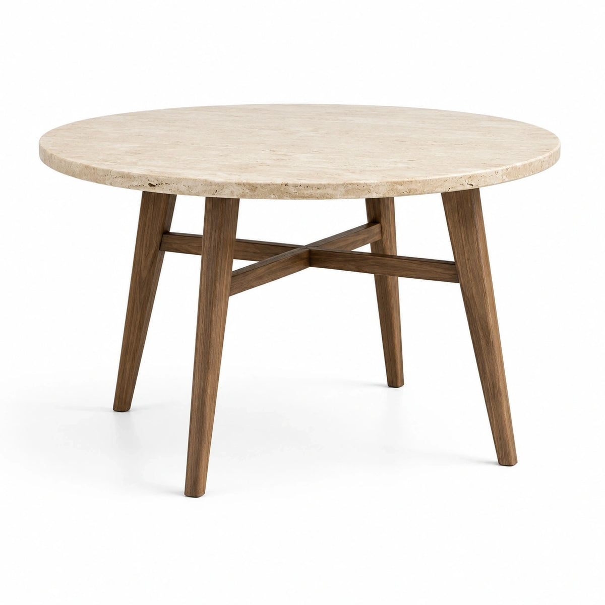Table à manger ronde Ø 120 x H 76 cm, effet travertin beige et bois brun