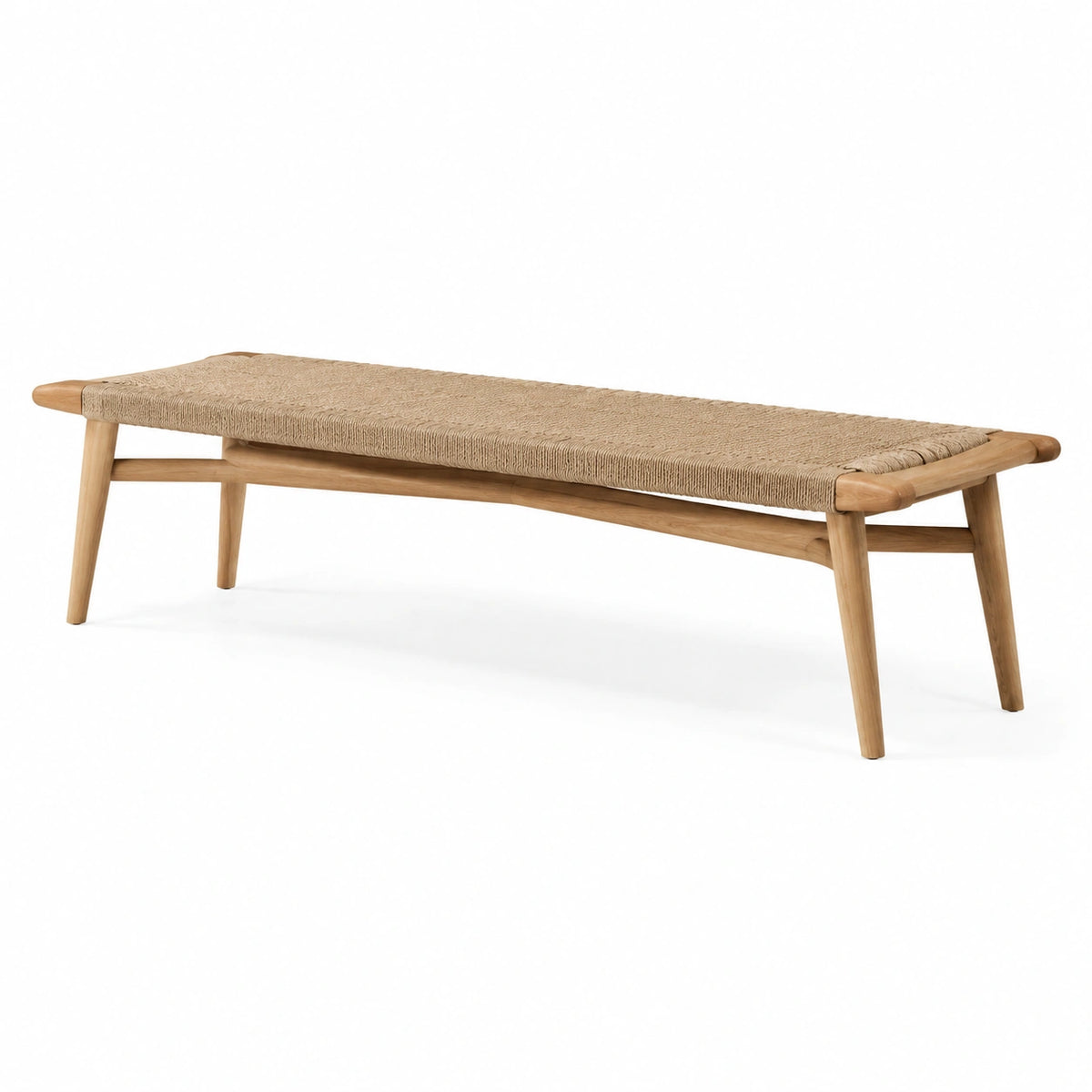 Banc en bois naturel avec assise en corde tressée beige, 150 x 40 x 45 cm