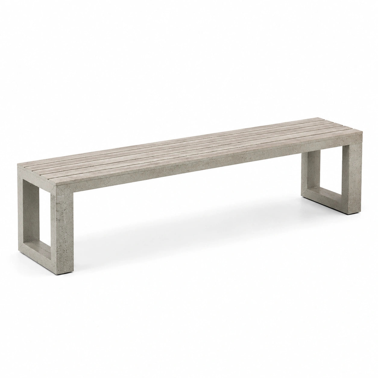 Banc moderne en béton gris à assise ajourée, 180 x 40 x 45 cm