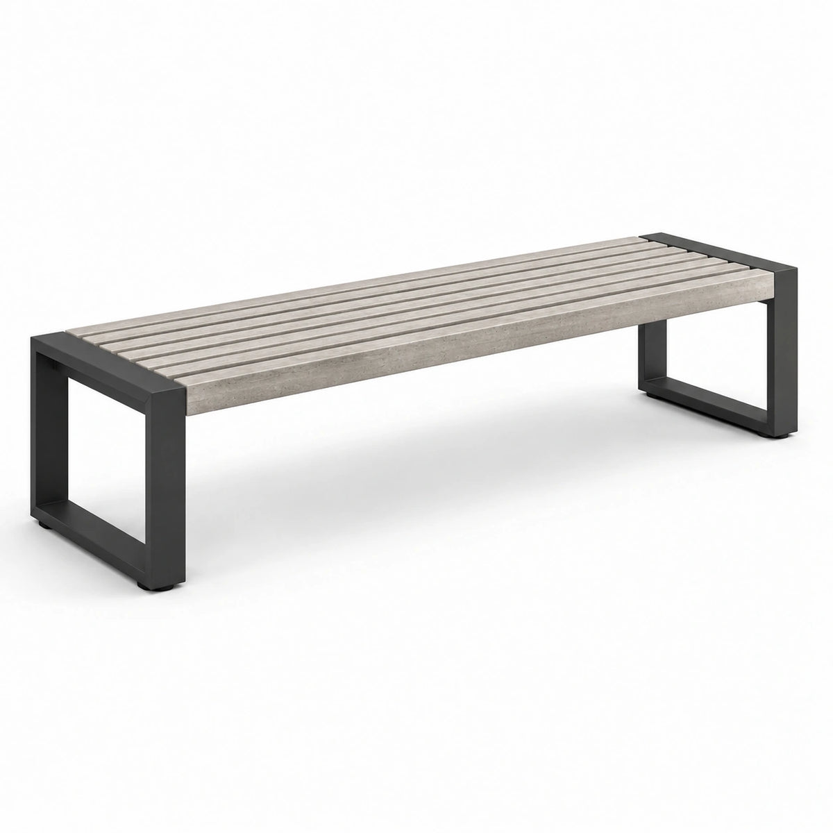Banc de jardin en béton gris et acier noir avec assise à lattes, 180 x 45 x 45 cm