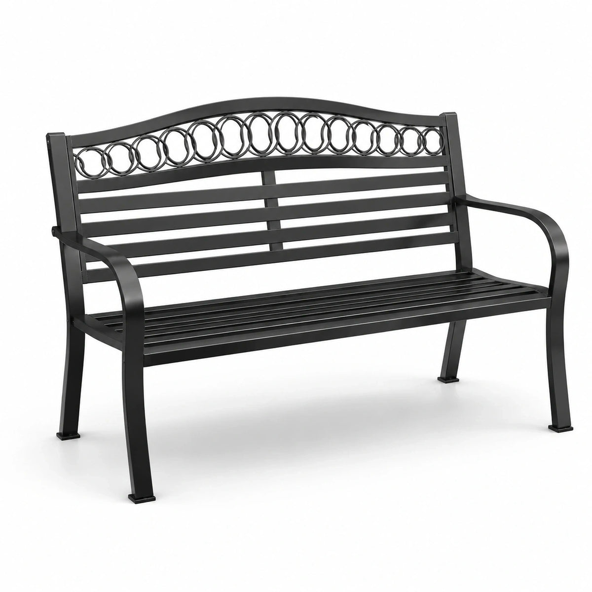 Banc de jardin en métal noir 2 places avec accoudoirs, 127 x 60 x 86 cm