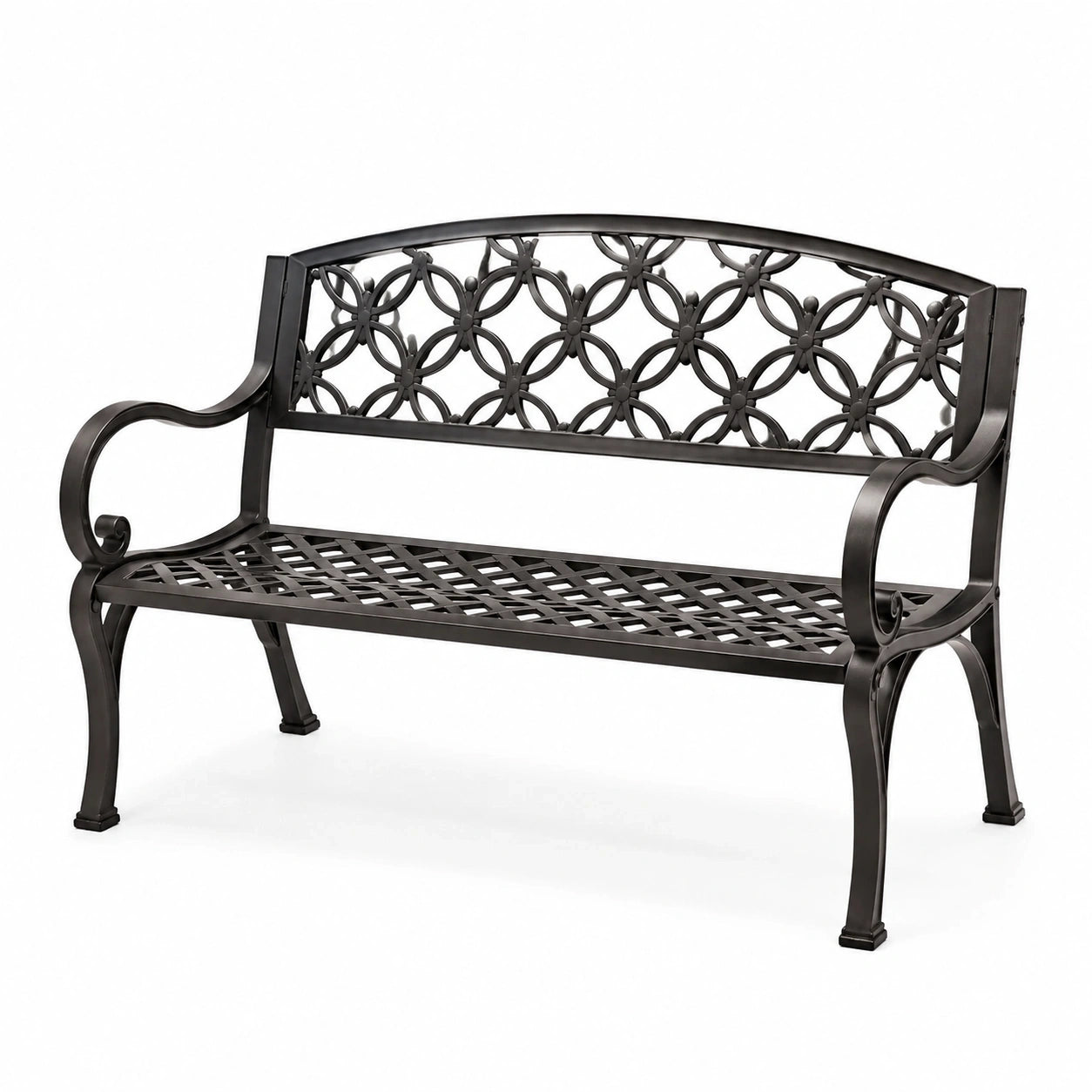Banc de jardin deux places en métal noir avec dossier ajouré, 127 x 60 x 88 cm