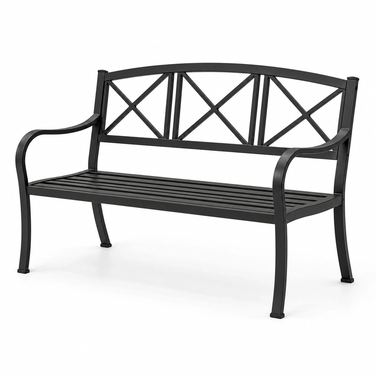 Banc de jardin 2 places en métal noir avec dossier à croisillons – 127 x 60 x 86 cm