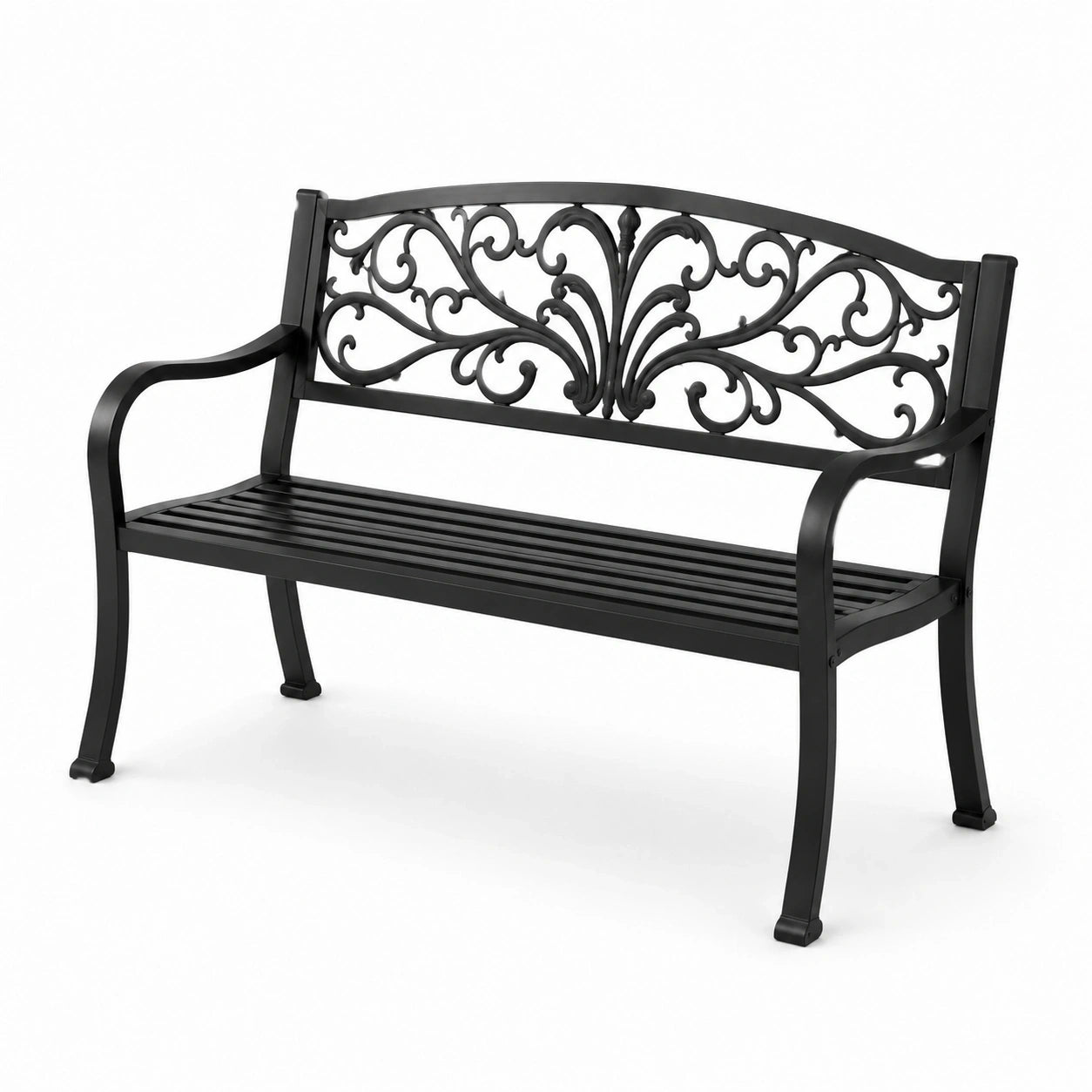Banc de jardin en métal noir 127 x 60 x 85 cm avec dossier floral