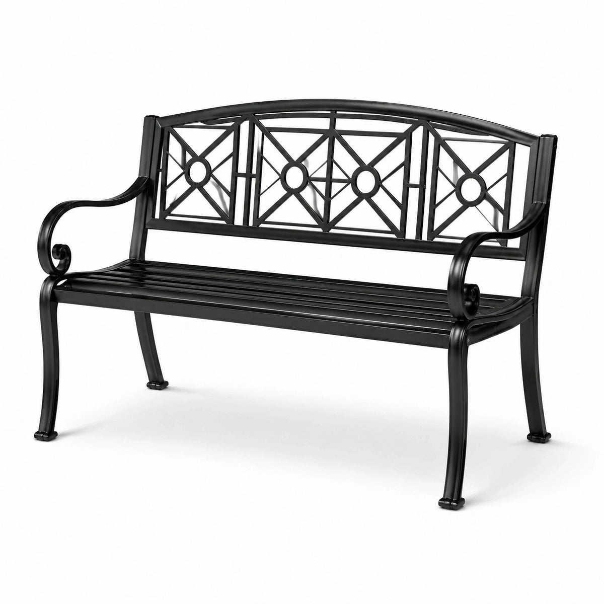 Banc de jardin en métal noir avec dossier ajouré, 2 places, 127 x 60 x 85 cm