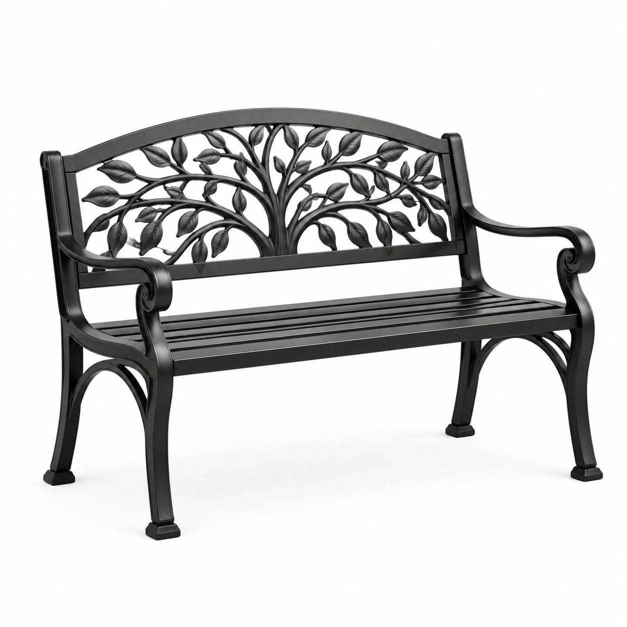 Banc de jardin 2 places en métal noir avec dossier ajouré motif arbre, 127 x 61 x 85 cm