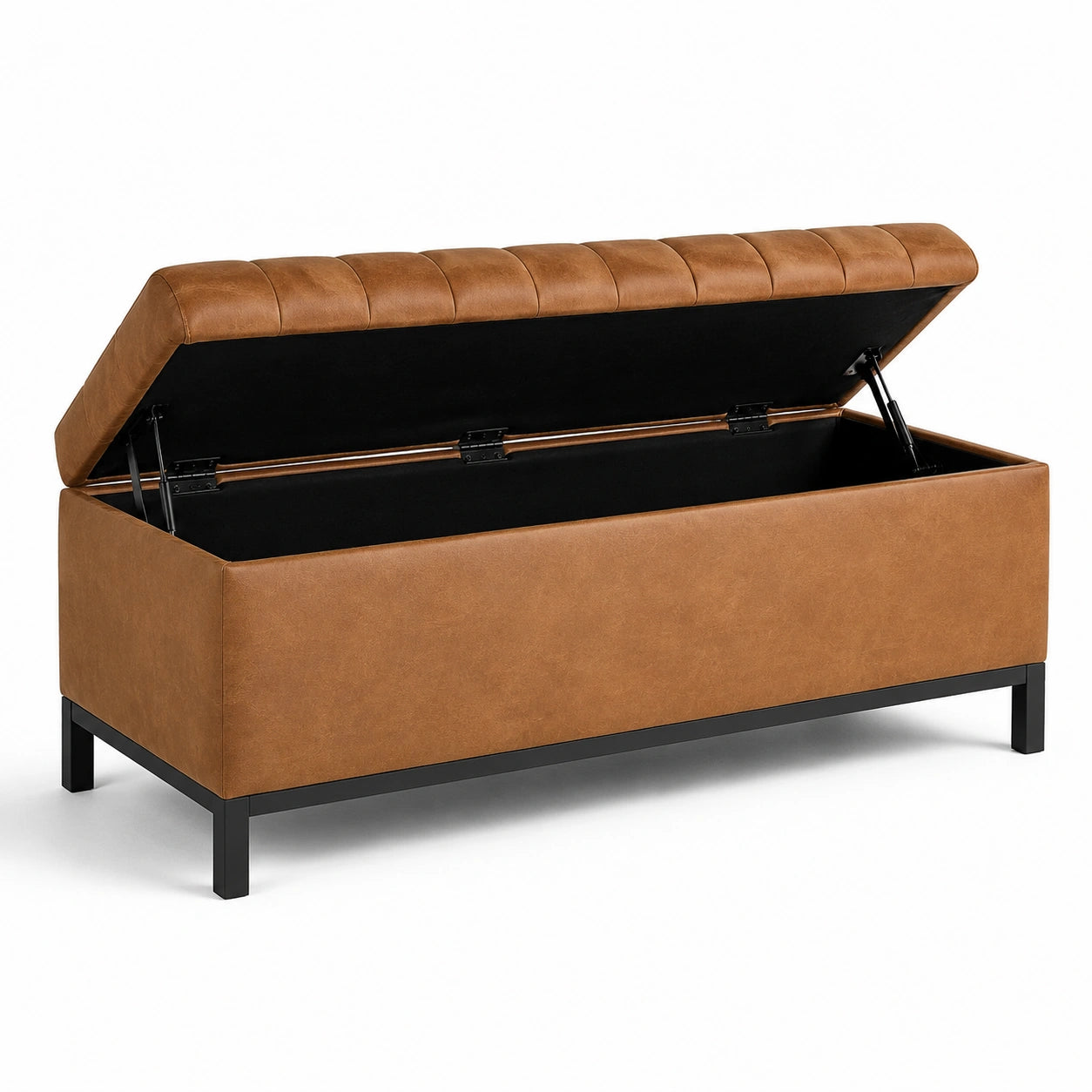 Banc coffre rembourré en similicuir marron, pieds en métal noir, 120 x 40 x 46 cm
