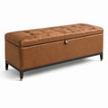 Banc coffre capitonné en similicuir marron avec rangement et pieds noir et doré, 120 x 40 x 48 cm