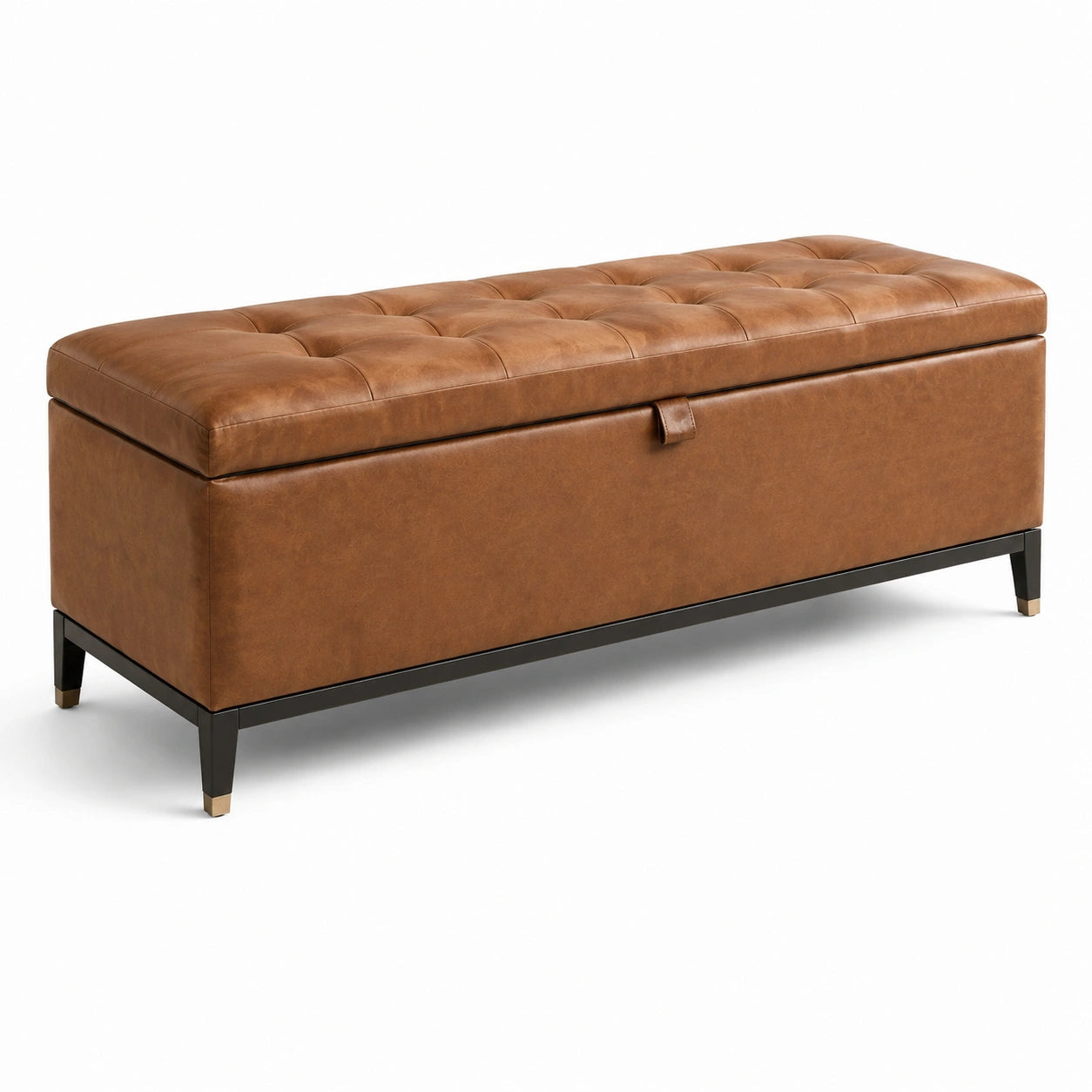 Banc coffre capitonné en similicuir marron avec rangement et pieds noir et doré, 120 x 40 x 48 cm
