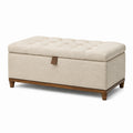 Banc coffre avec rangement, assise capitonnée en tissu bouclé beige et base en bois brun, 110 x 45 x 48 cm