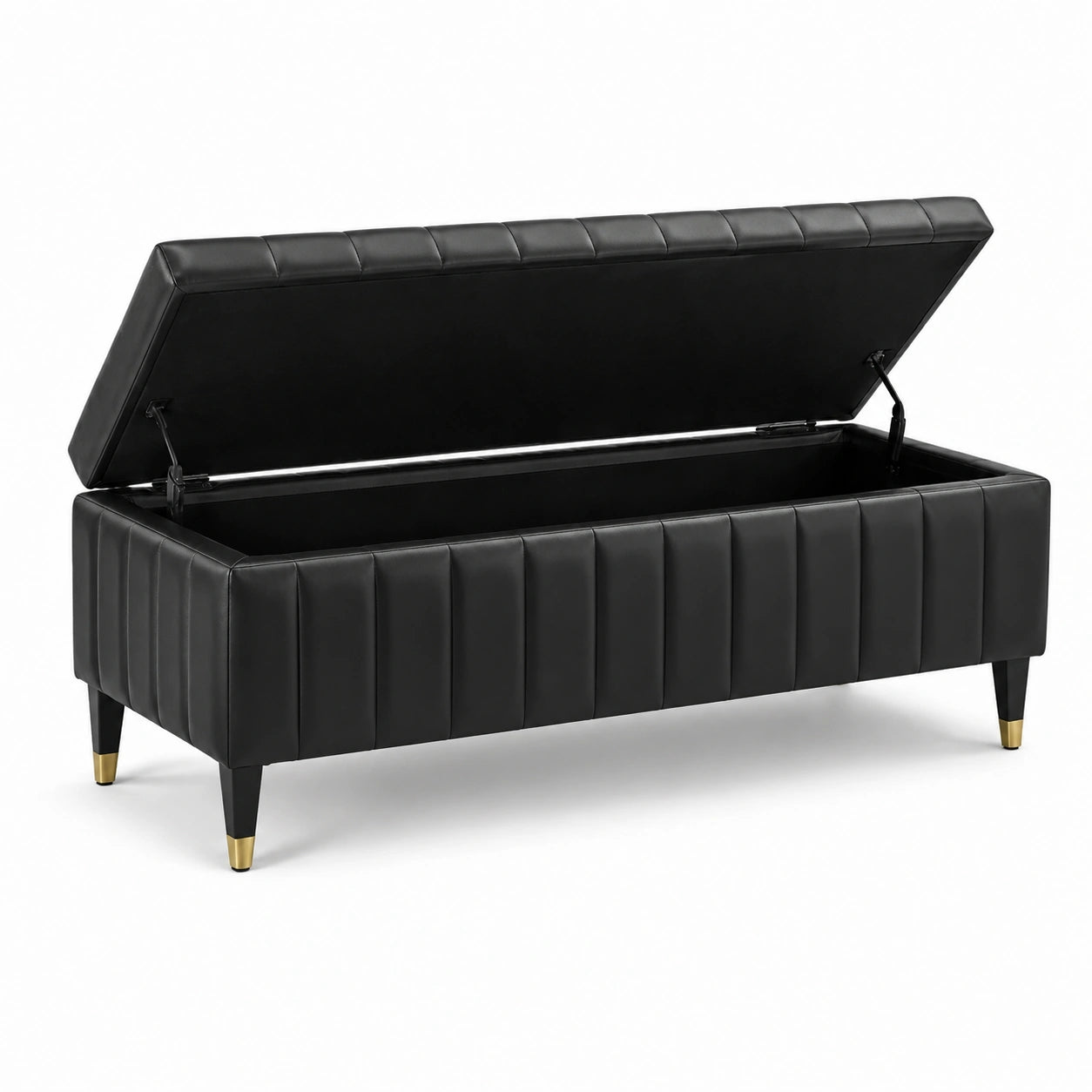 Banc coffre de rangement en similicuir noir avec pieds dorés, 120 x 40 x 45 cm