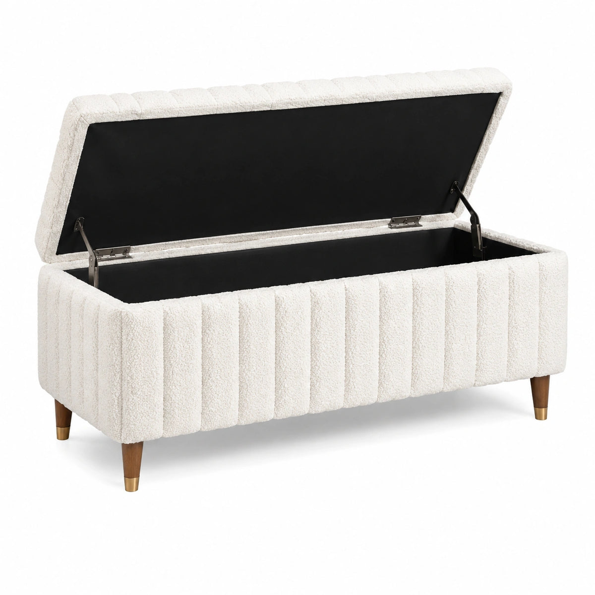 Banc coffre de rangement en tissu bouclé écru avec assise rembourrée, 120 x 45 x 48 cm