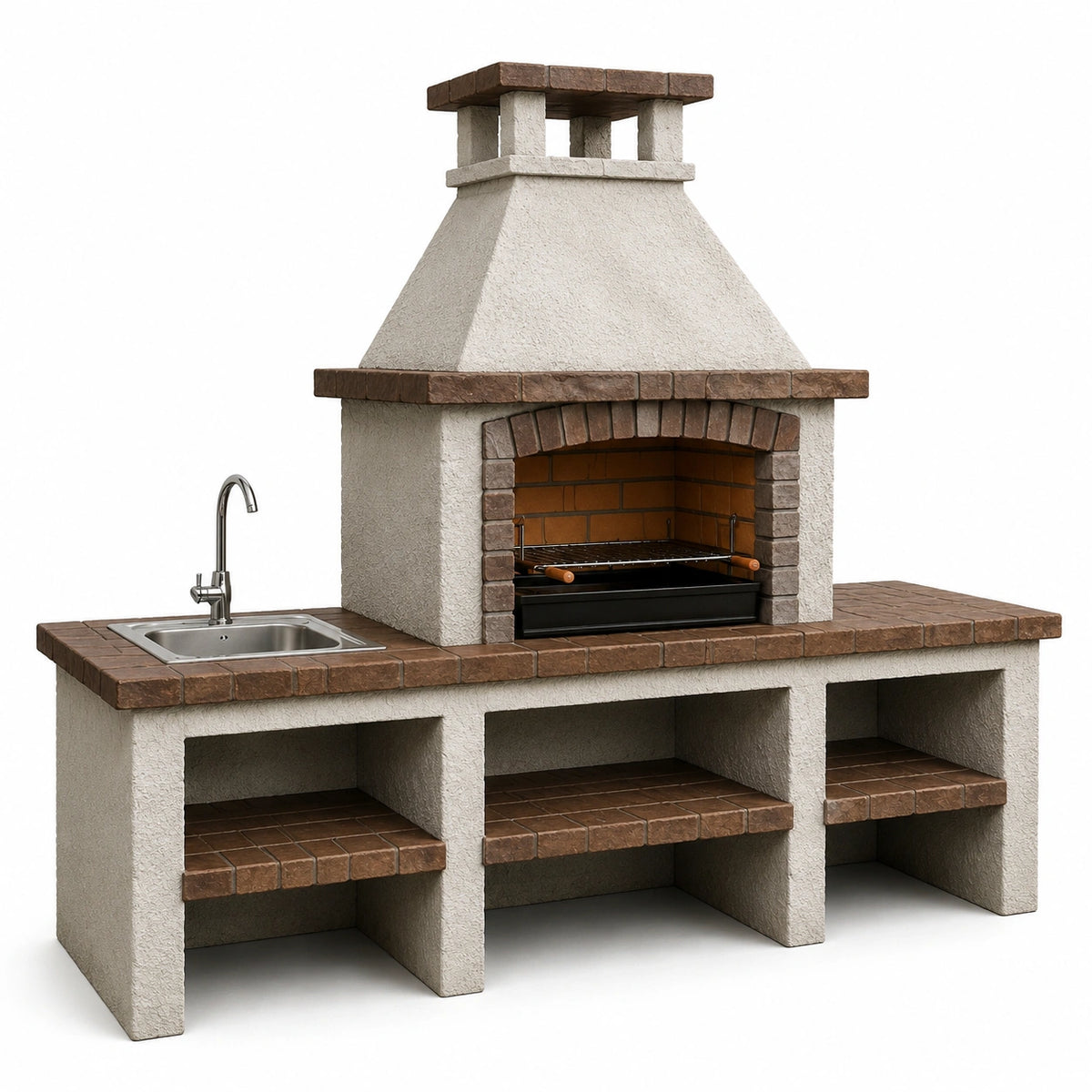 Barbecue fixe d'extérieur avec évier et rangements, beige et marron, 220 x 70 x 230 cm
