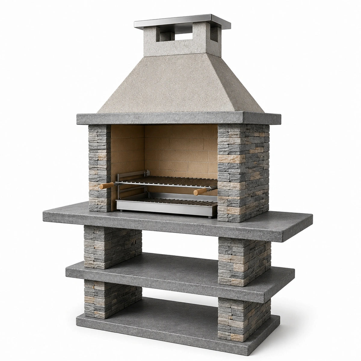Barbecue de jardin en pierre gris et beige avec hotte et grilles réglables, 160 x 70 x 220 cm