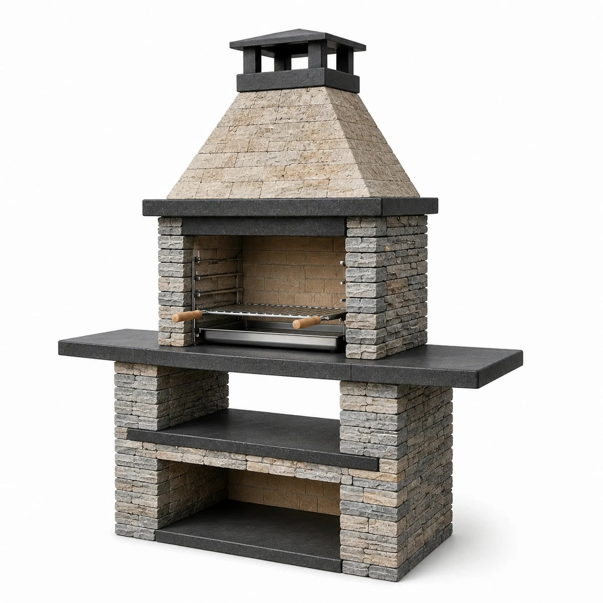 Barbecue fixe d'extérieur en pierre beige, grise et noire avec cheminée et plan de travail, 180 x 70 x 220 cm