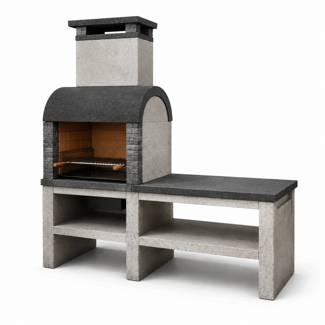 Barbecue de jardin en béton gris clair et anthracite avec cheminée et plan de travail, 220 x 60 x 220 cm