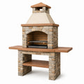 Barbecue fixe de jardin en pierre beige, brun terre cuite et acier noir, 160 x 70 x 220 cm, avec cheminée