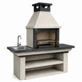 Barbecue extérieur en béton beige et noir avec évier, cheminée et rangements, 180 x 70 x 220 cm