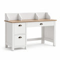 Bureau avec rangements, 2 tiroirs, 1 porte et 3 compartiments, 120 x 55 x 110 cm, blanc, bois naturel et noir