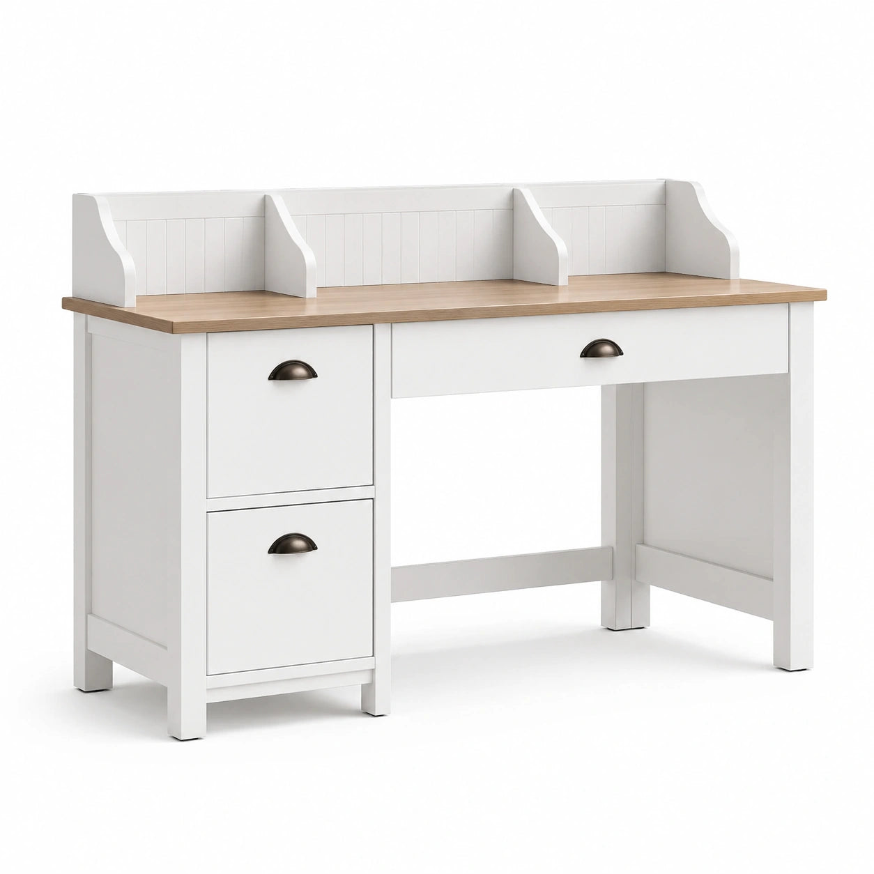 Bureau avec rangements, 2 tiroirs, 1 porte et 3 compartiments, 120 x 55 x 110 cm, blanc, bois naturel et noir