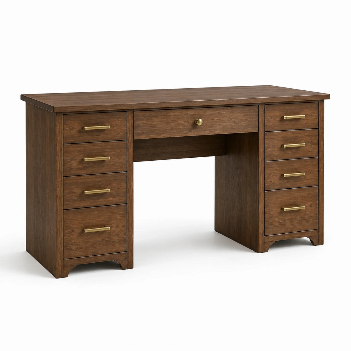 Bureau marron à 9 tiroirs avec poignées dorées, 120 x 50 x 76 cm