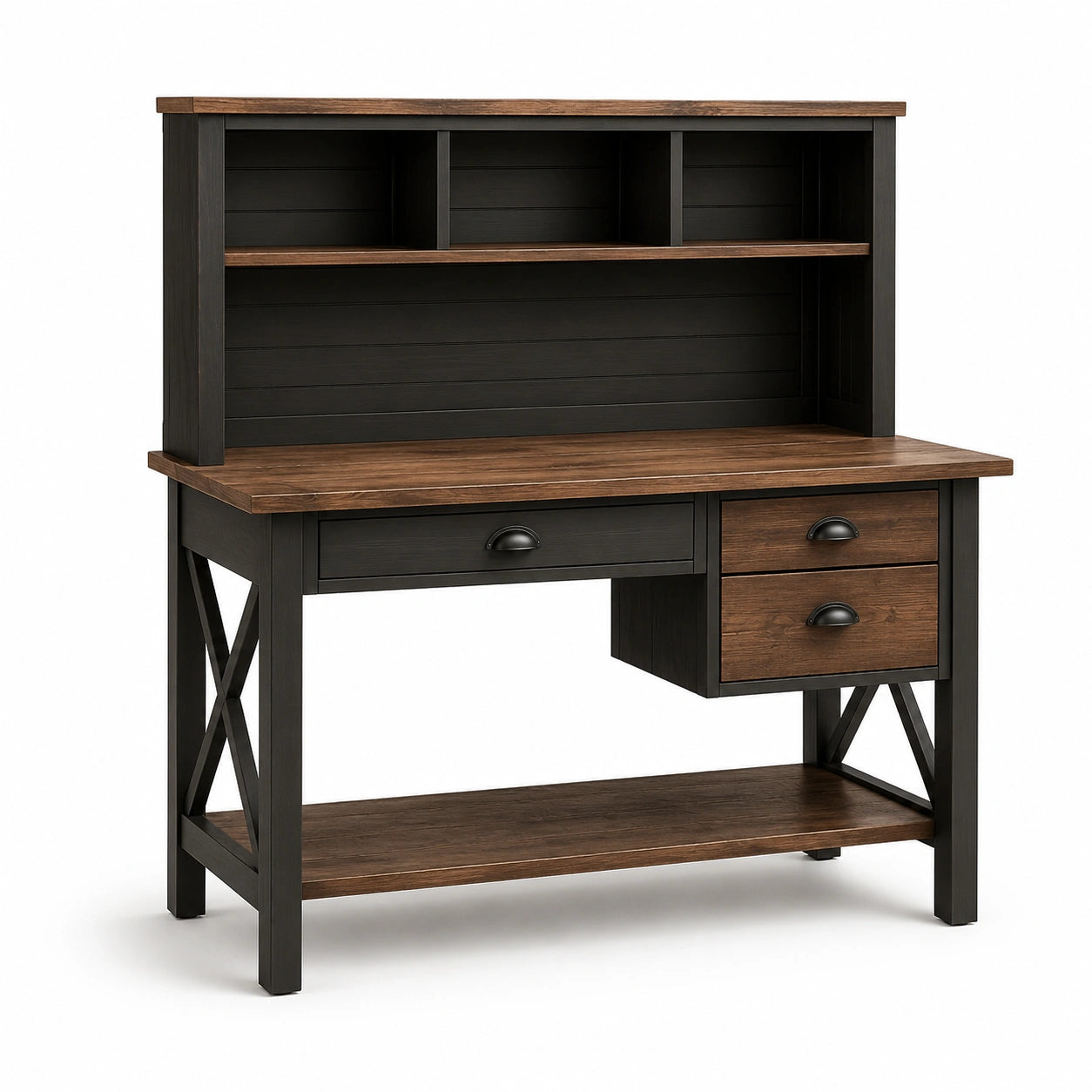 Bureau industriel avec 3 tiroirs et étagères, 120 x 60 x 145 cm, noir et brun